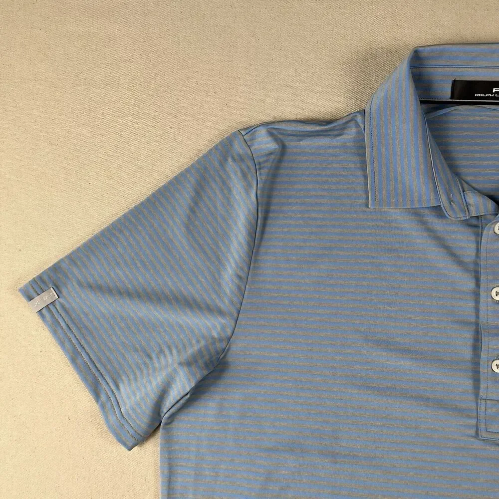 RLX Ralph Lauren Polo‎ Shirt Men’s Large Blue Gray Striped Embroidered Logo Golf